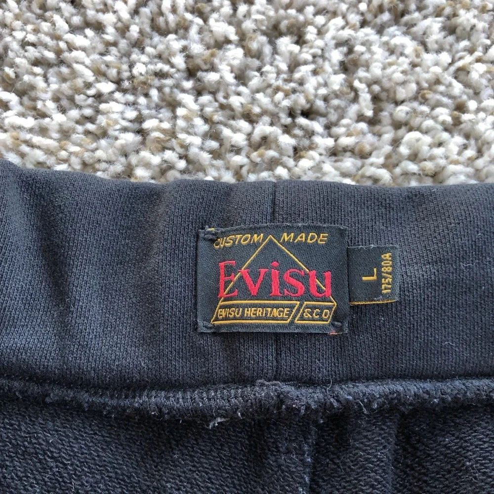 Evisu Heritage Jogger Pants Mens Size Large Black Front Logo Sweatpants Trousers